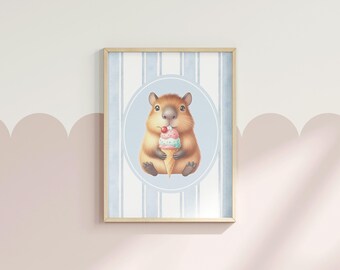 Arte de parede fofa de capivara – animal com fundo azul para impressão – decoração de parede de sorvete para berçário – pôster para quarto infantil – 26 tamanhos em 1