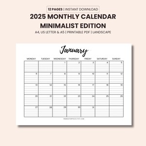 2025 Calendar Printable, 2025 Printable Calendar, Lined & Unlined, Sunday and Monday Start, A4, A5, US Letter, Landscape/Horizontal, Minimal