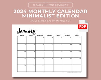 2024 afdrukbare kalender, 2024 maandkalenders, afdrukbare kalender 2024, maandplanner 2024, landschap, zondag- en maandagstart, minimalistisch