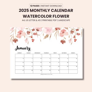 2025 Calendar Printable, Flowers Watercolor, Landscape, Desk Calendar Monthly, Monthly Planner 2025, 2025 Monthly Calendar, Elegant Pretty