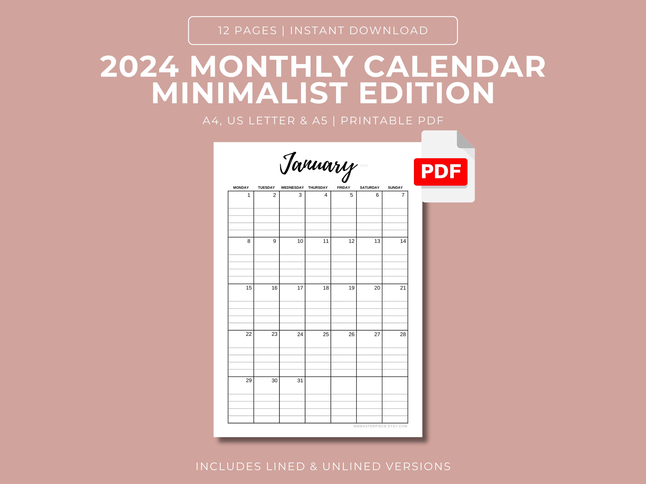 2024 Calendar Printable, 2024 Printable Calendar, 2024 Monthly Planner ...