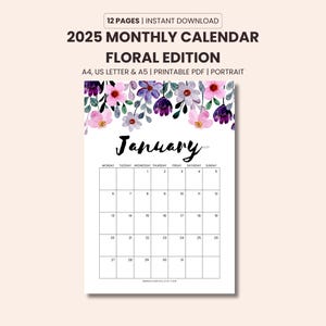 Afdrukbare maandkalender 2025, afdrukbare kalender 2025, minimalistische wandkalender, bloemenplanner, start zondag en maandag, A4/A5/US Letter