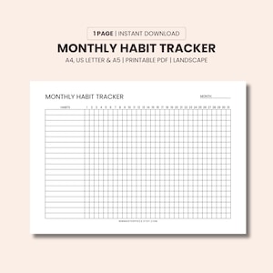 Habit Tracker Printable, Monthly Habit Tracker Printable Landscape, Habit Tracker Template, 31 Days Habit Tracker, A4/US Letter/A5