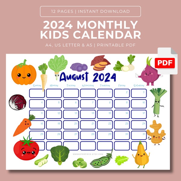 Kids Calendar, 2024 Kids Calendar, Kids Calendar 2024, Printable Kids Calendar, Homeschool Calendar, Cute Calendar, Calendar Planner for Kid