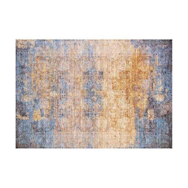 Moderner Antirutsch Teppich waschbar gealtert abstrakt gemustert Chenille Blau Beige Orange Braun