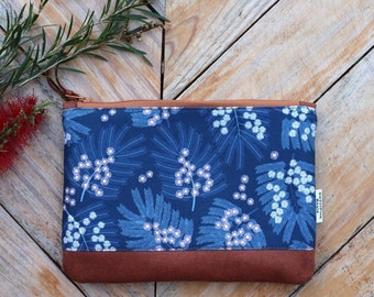 Classic flat cosmetic bag Native Australian golden Wattle flower colour blue.