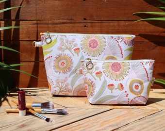 Flat bottomed toiletry and cosmetic bag Native Australian Banksia and Hakea flower.