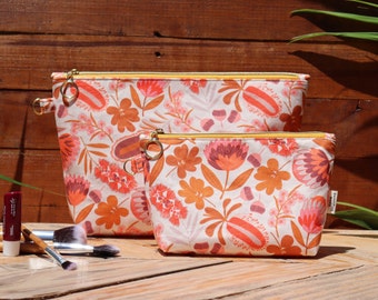 Flat bottomed toiletry and cosmetic bag Native Australian Banksia and Bottlebrush flower.