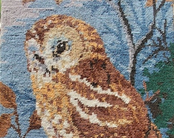 Vintage Completed Needlepoint "Tawny Owl" sitting in Tree Anchor Wood Mounted 12.5×18"