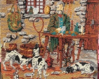 Vintage Completed Needlepoint "Gamekeeper" with Spaniels in Lodge Board Mounted 18x21.5"