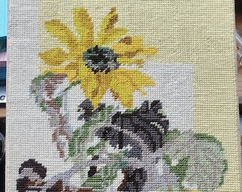 Vintage Completed Needlepoint Picked Too Soon Sunflowers on Board Mounted 23.5x10.5"