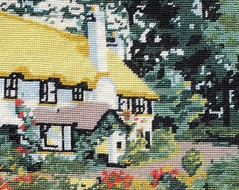 Vintage Completed Thatched Cottage Needlepoint with Climbing Rose Garden and Dappled Forest 9x13.5"