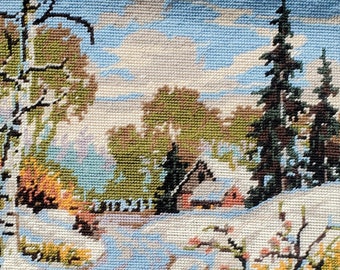 Vintage Completed Needlepoint Winter Farm Cabin on a Bright Snowy Day Landscape 11.5x11.5"