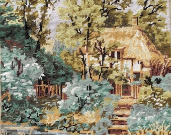 Vintage Completed Needlepoint Thatched Cottage with Water Landscape 14.5x18.25"