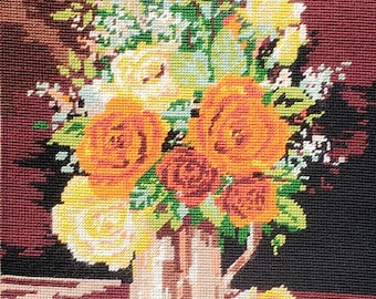 Vintage Completed Needlepoint "Copper Glean" Fall Orange Roses in Copper Pitcher 13.5x20" Unframed