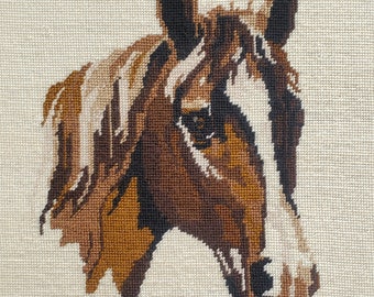 Vintage Needlepoint "Blaze" Chestnut Horse Portrait Anchor 14.5x14.5" Board Mounted