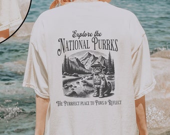 T-shirt Cat National Park, chemise aux couleurs du confort National Park, cadeaux pour chat, amoureux des parcs nationaux, esthétique granola girl | Graphique recto-verso