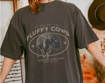 T-shirt du parc national de Yellowstone, t-shirt esthétique couleur confort pour fille granola, ne pas caresser les vaches duveteuses | Graphique à l'avant et à l'arrière