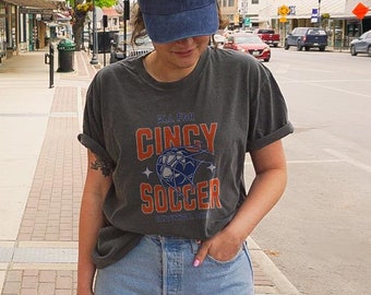 Cincinnati Soccer Comfort Colors Tee, Match Day Shirt for Cincy Futbol Fans, Orange and Blue Vintage Feel Tshirt