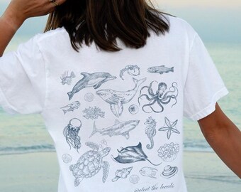 Coastal Vibes Protect the Locals Sea Creatures Unisex Garment-Dyed T-shirt, Graphic Tee Beach Casual Summer, Ocean Inspired Animals