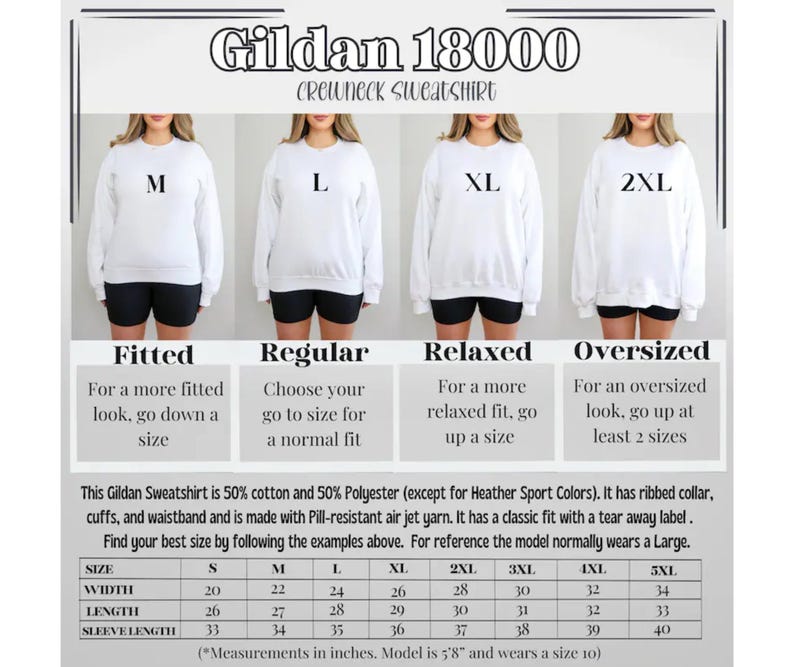 May include: Size chart for Gildan 18000 crewneck sweatshirts. The chart shows the different sizes available, from S to 5XL, and the corresponding measurements in inches for width, length, and sleeve length. The chart also includes information about the fit of each size, such as fitted, regular, relaxed, and oversized.