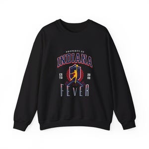 May include: Black sweatshirt with a graphic print of a basketball player in a red, white, and blue uniform. The text "PROPERTY OF INDIANA FEVER" is printed on the sweatshirt.
