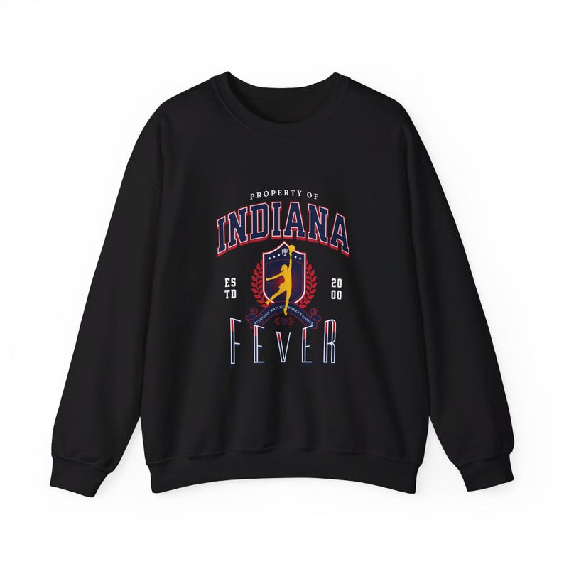 May include: Black sweatshirt with a graphic print of a basketball player in a red, white, and blue uniform. The text "PROPERTY OF INDIANA FEVER" is printed on the sweatshirt.