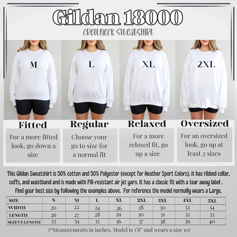 May include: Size chart for Gildan 18000 crewneck sweatshirts. The chart shows the width, length, and sleeve length in inches for sizes S through 5XL. The chart also includes descriptions of the fit for each size: Fitted, Regular, Relaxed, and Oversized.