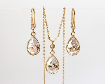 Bridal jewelry set Gold teardrop jewellery set Gold earrings Crystal necklace Crystal bridal jewelry Wedding jewelry set Jewelry bridal 418