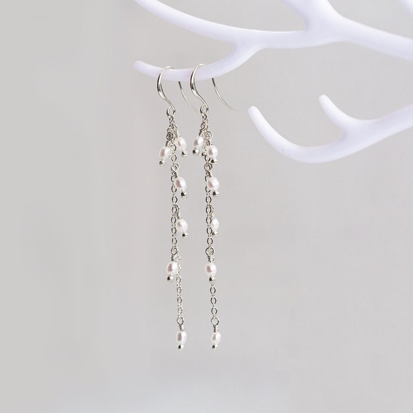 Tiny pearls earrings Long pearl earrings Wedding earrings Dangle silver earrings Long pearls chain earring Long chain earrings 1218