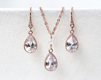 Brautschmuck Set Rose Gold Set Tropfen Schmuck Set Rose Gold Ohrringe Kristall Halskette Kristall Brautschmuck Hochzeit Schmuck Set