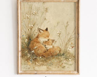 Stampa digitale di una volpe con il suo cucciolo, famiglia di volpi in stile vintage, decorazione per la cameretta a tema bosco, arte murale con animali in stile cottagecore, download digitale