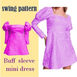 May include: A pink mini dress with a swing pattern and puff sleeves. The dress has a square neckline and a floral pattern. The text "swing pattern" and "Buff sleeve mini dress" is visible on the image.