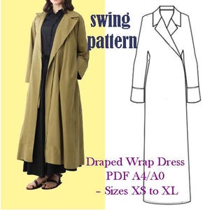 May include: A woman wearing a long, olive-green draped wrap dress. The image includes a line drawing of the dress and text that reads "swing pattern" and "Draped Wrap Dress PDF A4/A0 - Sizes XS to XL."