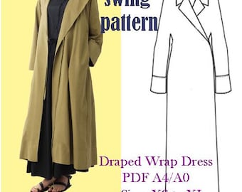 Draped Wrap Dress Sewing Pattern – PDF A4/A0 – Long Sleeve Oversized Dress – Sizes XS–L