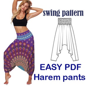 Puede incluir: Un patrón de costura de pantalones harem estampado en morado y dorado con un contorno blanco de los pantalones. El texto "swing pattern" y "EASY PDF Harem pants" está incluido en la imagen.