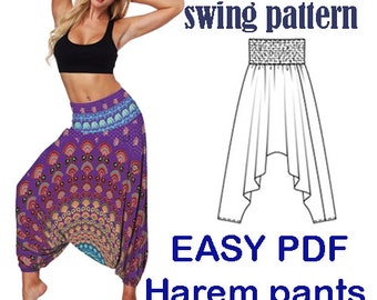 PDF swing pattern Peacock Tail smocked Harem Pants for Women, Low Crotch Yoga Clothes Aladdin Boho Loungewear, Gypsy Pants,Jumpsuits,