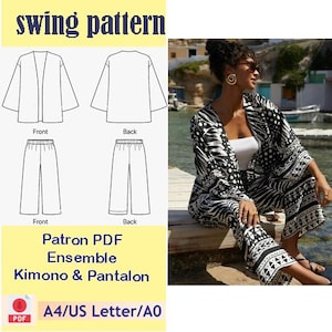May include: A black and white patterned kimono and pant set, with a matching PDF sewing pattern. The pattern includes front and back views of the kimono and pants. The text on the image reads "swing pattern" and "Patron PDF Ensemble Kimono & Pantalon."