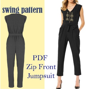 Könnte beinhalten: Ein PDF-Schnittmuster für einen Jumpsuit mit Reißverschluss vorne. Das Schnittmuster ist für einen Jumpsuit im Swing-Stil mit weitem Bein. Das Bild zeigt einen schwarzen Jumpsuit mit einem goldenen Stickmuster auf der Vorderseite.