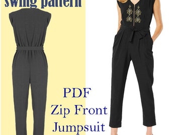 Sewing pattern for women's jumpsuit Zip Front /Women's plain occasion jumpsuit with belt and long pants/size 8---18 UK/Elegant fashion