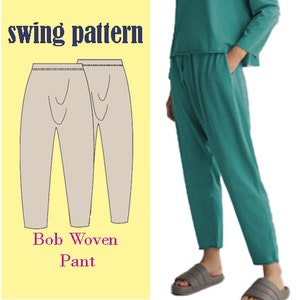 Peut inclure: Un patron de couture pour un pantalon ample. Le patron est intitulé "Bob Woven Pant" et montre un pantalon à jambe large et à la coupe décontractée. L'image montre également une personne portant un pantalon turquoise similaire au patron.