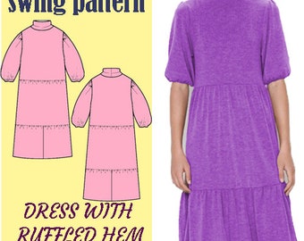 The Cozette Midi Winter dress with high collar and short sleeves. Ruffled hem Digital PDF Sewing Pattern // SIZE S-M-L-XL