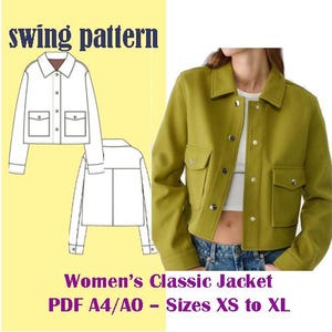 Könnte beinhalten: Gezeigt wird eine chartreusefarbene klassische Jacke mit zwei Vordertaschen und silbernen Knöpfen. Das Bild enthält auch eine Strichzeichnung der Jacke und den Text "swing pattern". Der Text "Women's Classic Jacket PDF A4/AO - Sizes XS to XL" ist ebenfalls enthalten.