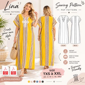 Könnte beinhalten: Ein Schnittmuster für ein bodenlanges, gelbes Kaftan-Kleid mit vertikalen Streifen in Weiß, Braun und Dunkelblau. Das Design verfügt über einen V-Ausschnitt mit weißer Stickerei, kurze Ärmel und eine lockere Passform. Enthält technische Skizzen von Vorder- und Rückseite.