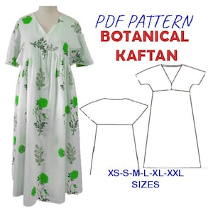 Peut inclure: Un patron PDF pour une robe kaftan botanique. Le patron comprend les tailles XS-S-M-L-XL-XXL. L'image montre une robe blanche à imprimé floral vert et un dessin au trait du patron de la robe.