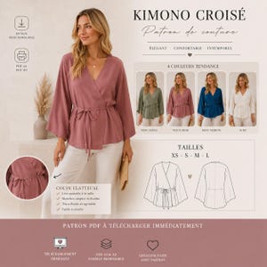 May include: A woman models a mauve wrap kimono top with a tie waist, paired with white pants. The image includes a pattern for the kimono, with options in sage green, vintage rose, navy blue, and ecru. The text reads "KIMONO CROISÉ Patron de couture."
