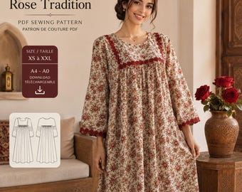 Lina Traditional Maxi Dress Sewing Pattern PDF | Kaftan Dress Pattern | A4 & A0 Printable | Instant Download | Sizes XS–XXL | Boho Floral