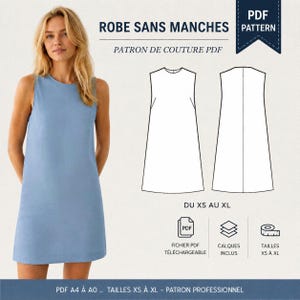 Peut inclure: Une robe sans manches bleu clair avec un col rond. L'image comprend un patron PDF avec le texte "ROBE SANS MANCHES PATTERN" et "PATRON DE COUTURE PDF". Le patron comprend les tailles XS à XL.
