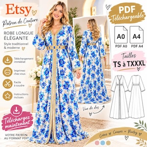 May include: A digital sewing pattern for a long dress featuring a blue and white floral print, long sleeves, and gold trim detailing. The listing includes PDF files for A0 and A4 printing, with sizing options ranging from TS to TXXXL.