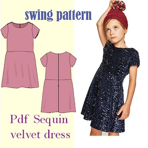 Puede incluir: Un patrón de costura para un vestido swing con tela de terciopelo de lentejuelas. El patrón se muestra en un vestido rosa con mangas cortas y cuello redondo. El patrón se llama "swing pattern" y el vestido se llama "Pdf Sequin velvet dress".